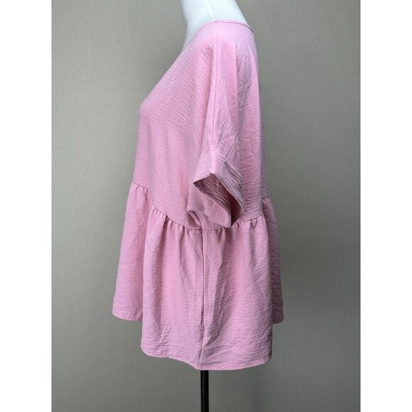 Entro Top Women L Pink Cuffed Short Sleeve Babydoll Flowy V Neck Blouse - Picture 6 of 10